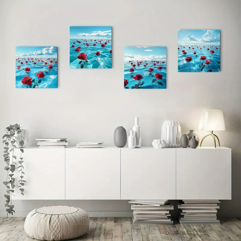 4pcs   Sea Rose Room Decor Home HJ      Wall Art Canvas Framed