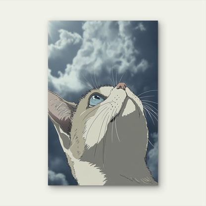 Illustration of a Cat Looking at Cloudy Sky 60x90cm Metal Print Ready to Hang