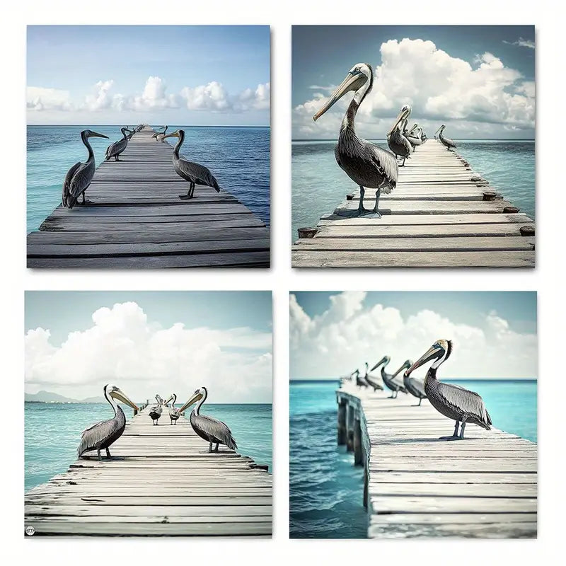 4pcs  Serene Sea & Perched Pelicans Scene   Wall Art Canvas Framed
