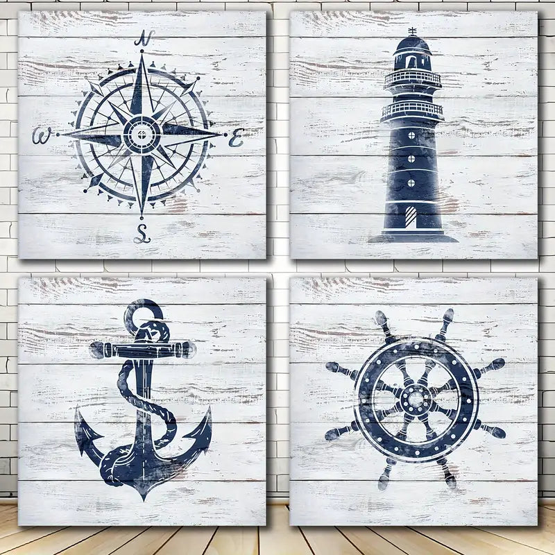 4pcs Navy And White Lighthouse Decor Boat Anchor Wall Art Canvas Framed