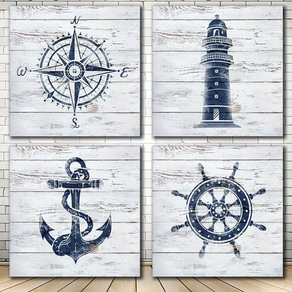 4pcs Navy And White Lighthouse Decor Boat Anchor Wall Art Canvas Framed