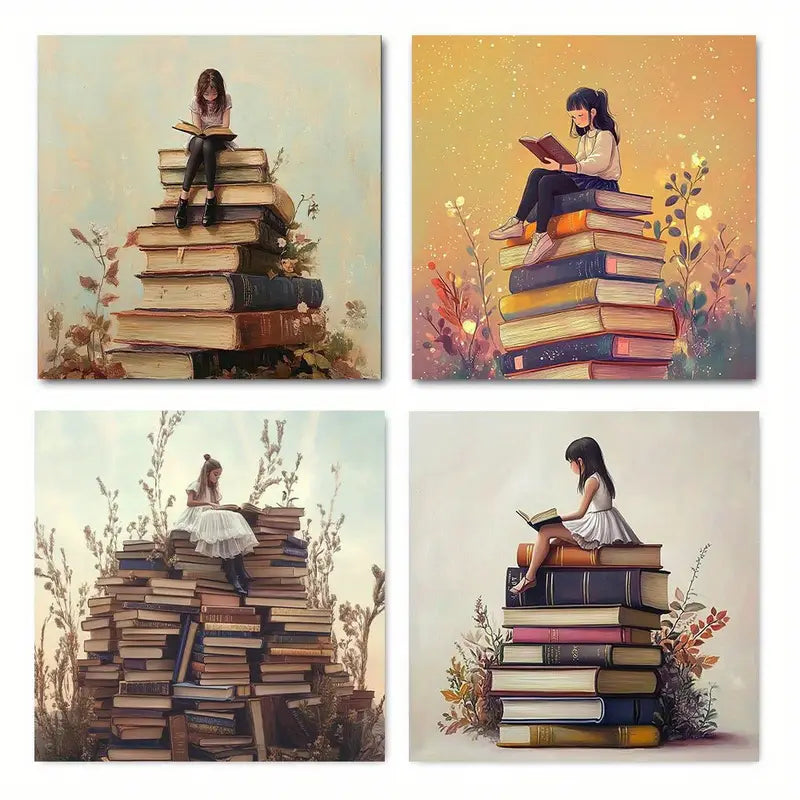 4pcs Readers on Book PilesWall Art Canvas Framed