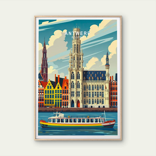 Antwerp Belgium, Budlings & Boats in Sea Vintage Travel Poster Print Wall Art