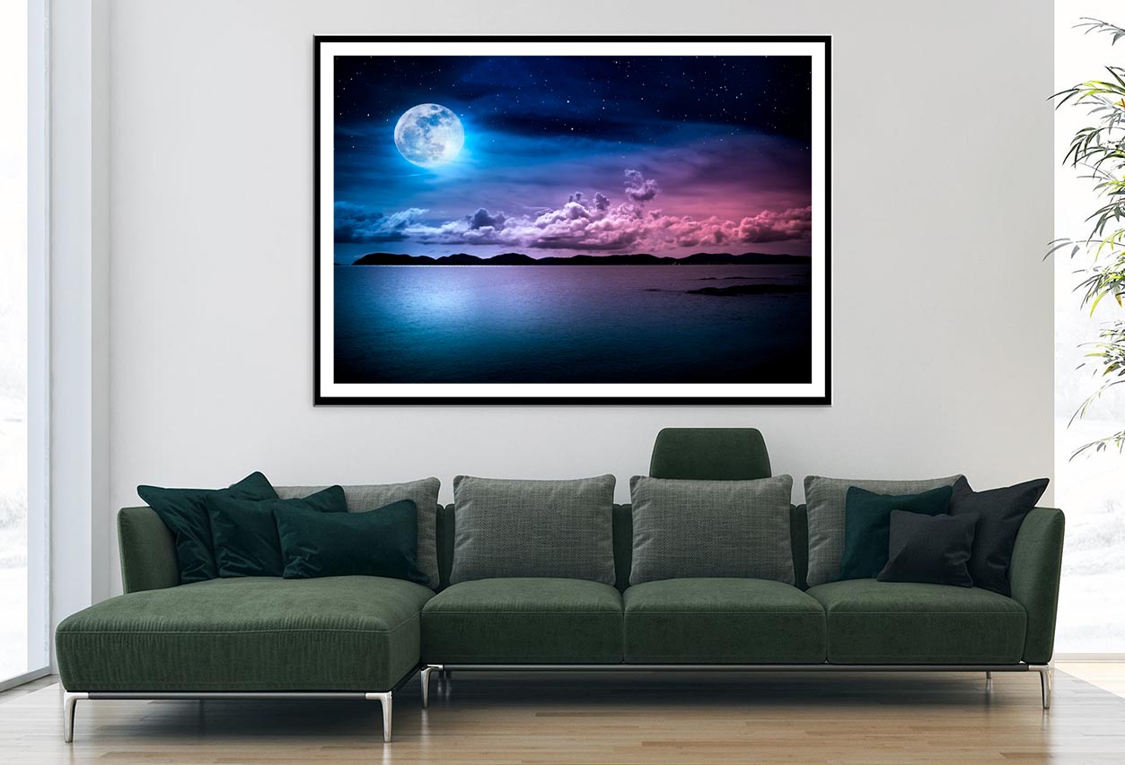 Landscape Of Sky with Full Moon on Seascape to Night Home Decor Premium Quality Poster Print Choose Your Sizes