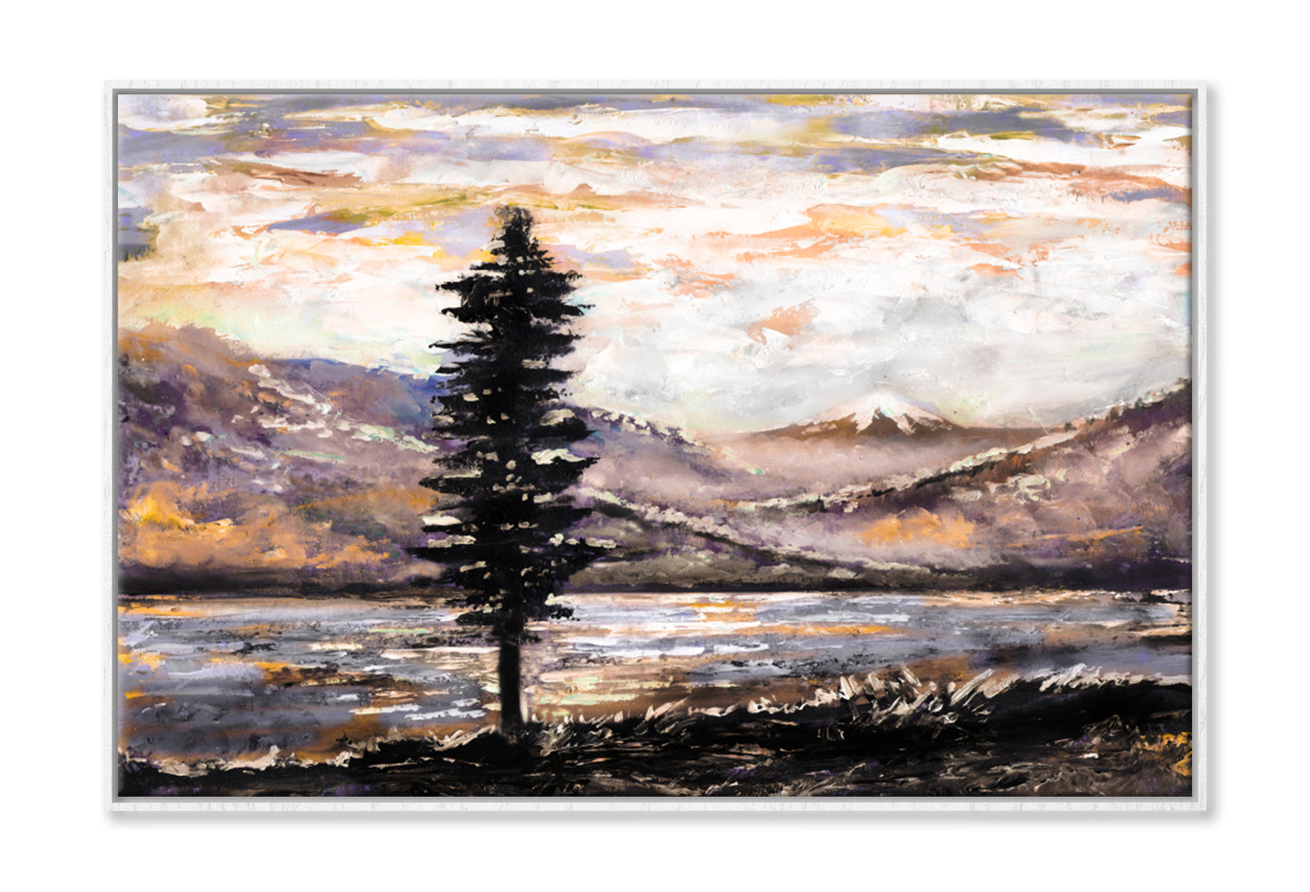 Mountain, Lake, Fog, Tree Oil Painting Wall Art Limited Edition High Quality Print Canvas Box Framed White