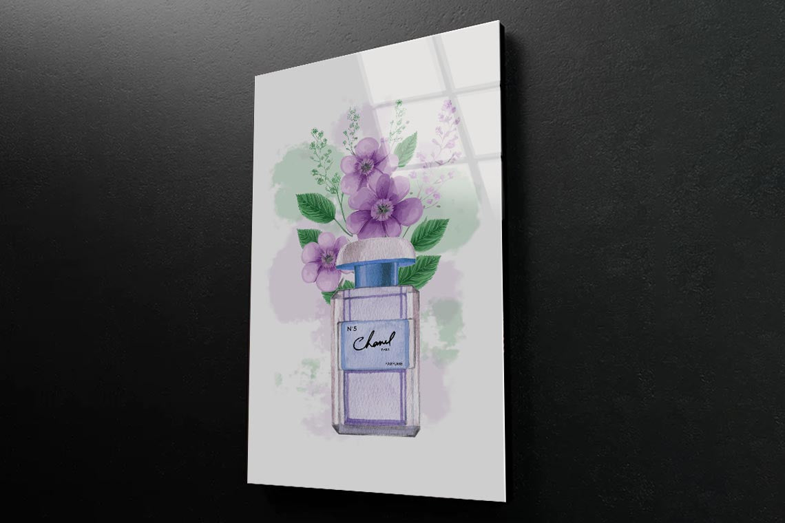 Purple Perfume with Green Leaves 3D Design Acrylic Glass Print Tempered Glass Wall Art 100% Made in Australia Ready to Hang