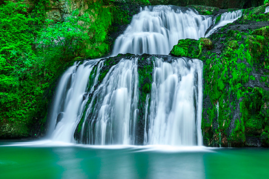 Waterfall With Green Pond Glass Framed Wall Art, Ready to Hang Quality Print
