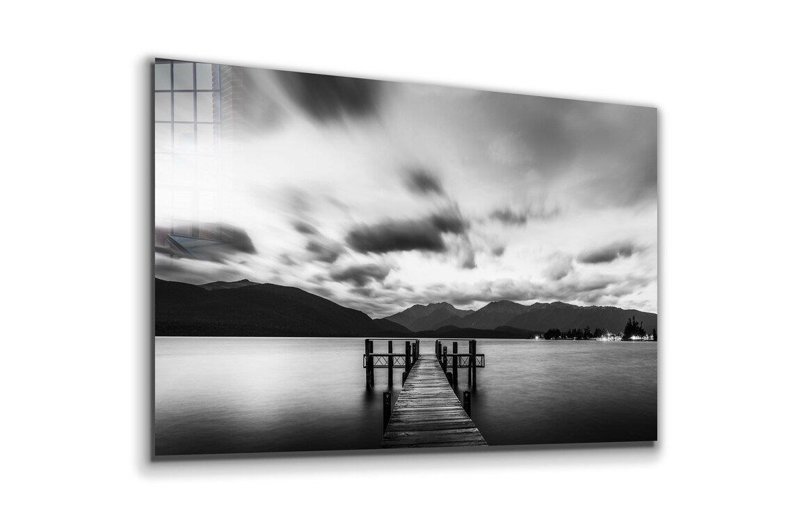 Lake Dock Clouds B&W UV Direct Aluminum Print Australian Made Quality