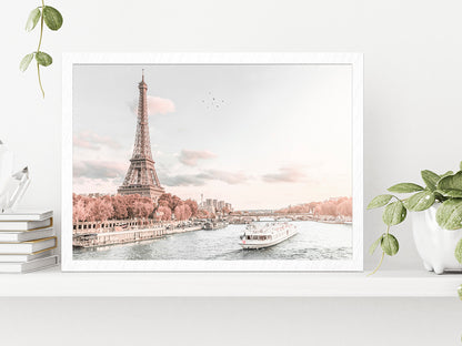 Eiffel Tower & Paris Lake View Faded Photograph Glass Framed Wall Art, Ready to Hang Quality Print Without White Border White