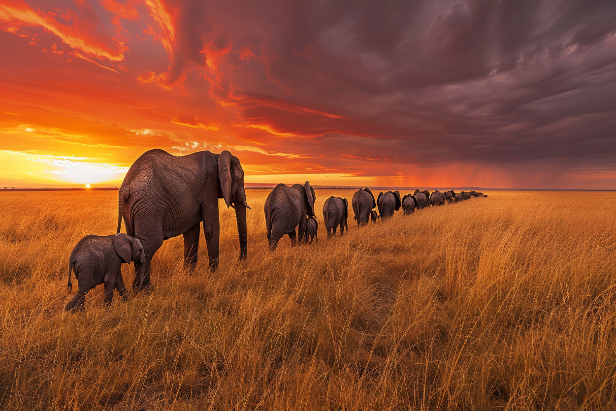 A Herd of Elephants Moving Across an Open Field Print 100% Australian Made