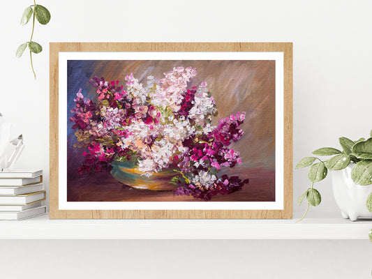 Bouquet Of Lilac Flower Vase, Colorful Still Life Glass Framed Wall Art, Ready to Hang Quality Print With White Border Oak