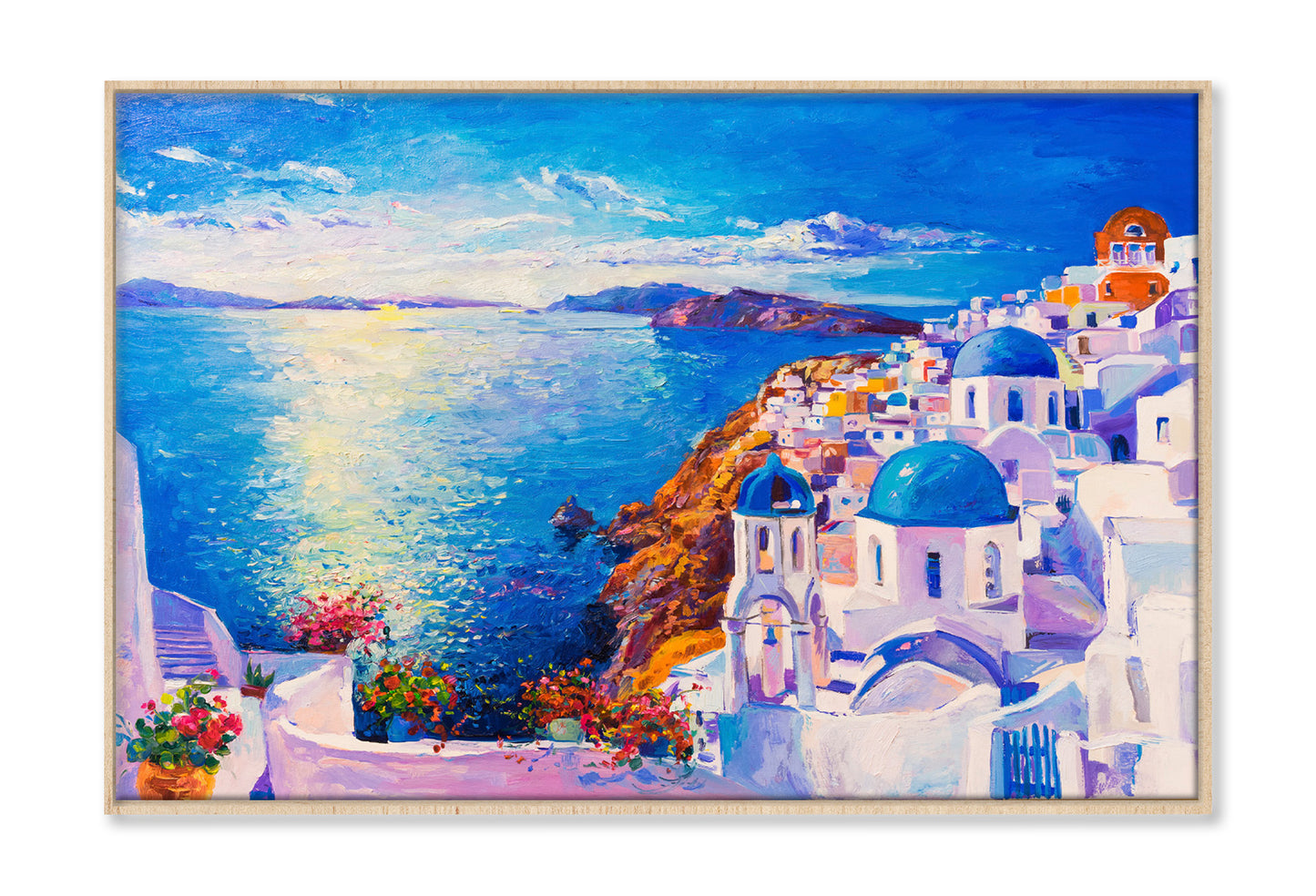 Blue Sea & Santorini White Houses Oil Painting Wall Art Limited Edition High Quality Print Canvas Box Framed Natural