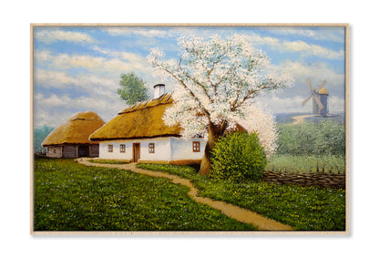 Spring Tree near Old Village Houses Oil Painting Wall Art Limited Edition High Quality Print Canvas Box Framed Natural