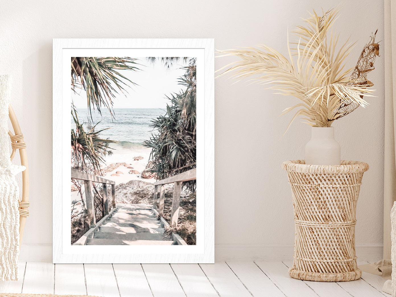 Wooden Pier & Trees near Rocky Beach Glass Framed Wall Art, Ready to Hang Quality Print With White Border White