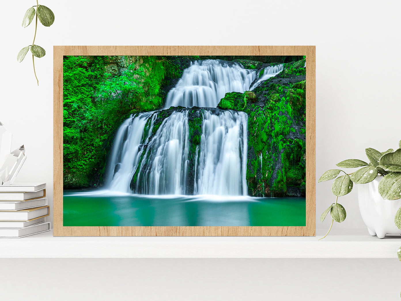 Waterfall With Green Pond Glass Framed Wall Art, Ready to Hang Quality Print Without White Border Oak