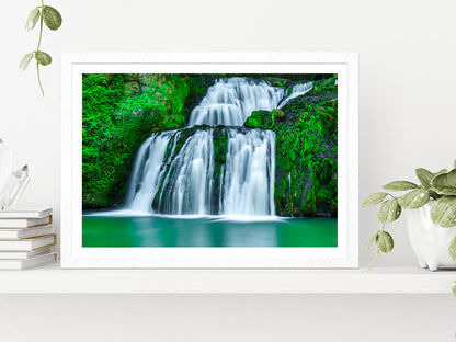 Waterfall With Green Pond Glass Framed Wall Art, Ready to Hang Quality Print With White Border White