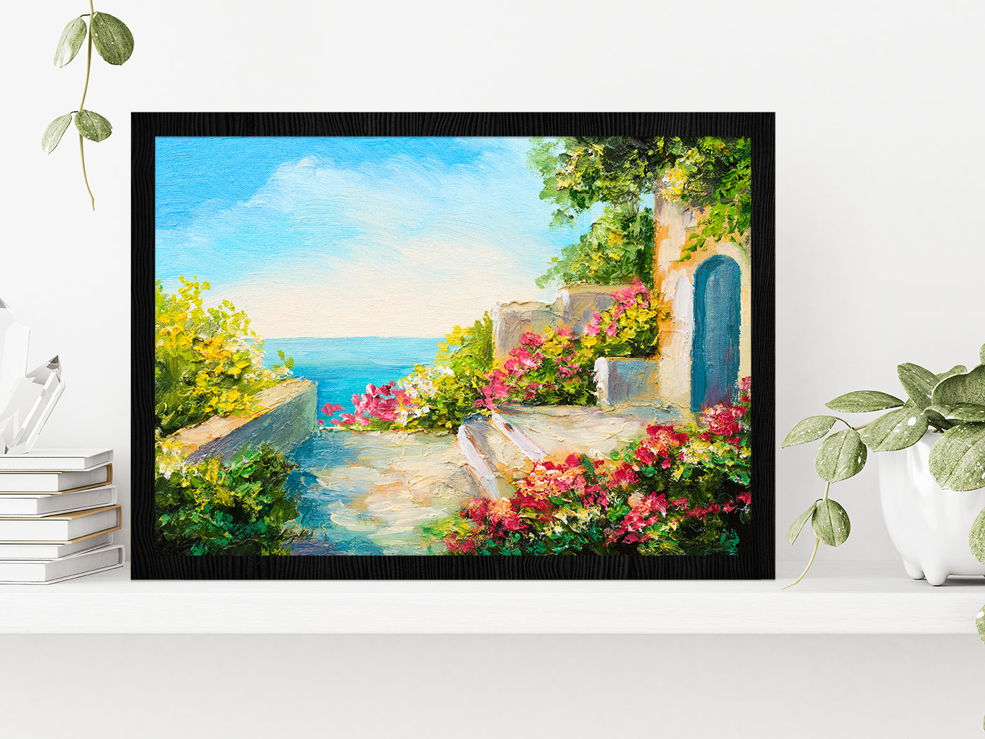 Colorful Flowers In House Garden & Near The Sea Glass Framed Wall Art, Ready to Hang Quality Print Without White Border Black