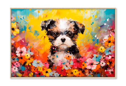 Dog In Flower Blossom Atmosphere Colorful Oil Painting Wall Art Limited Edition High Quality Print Canvas Box Framed Natural