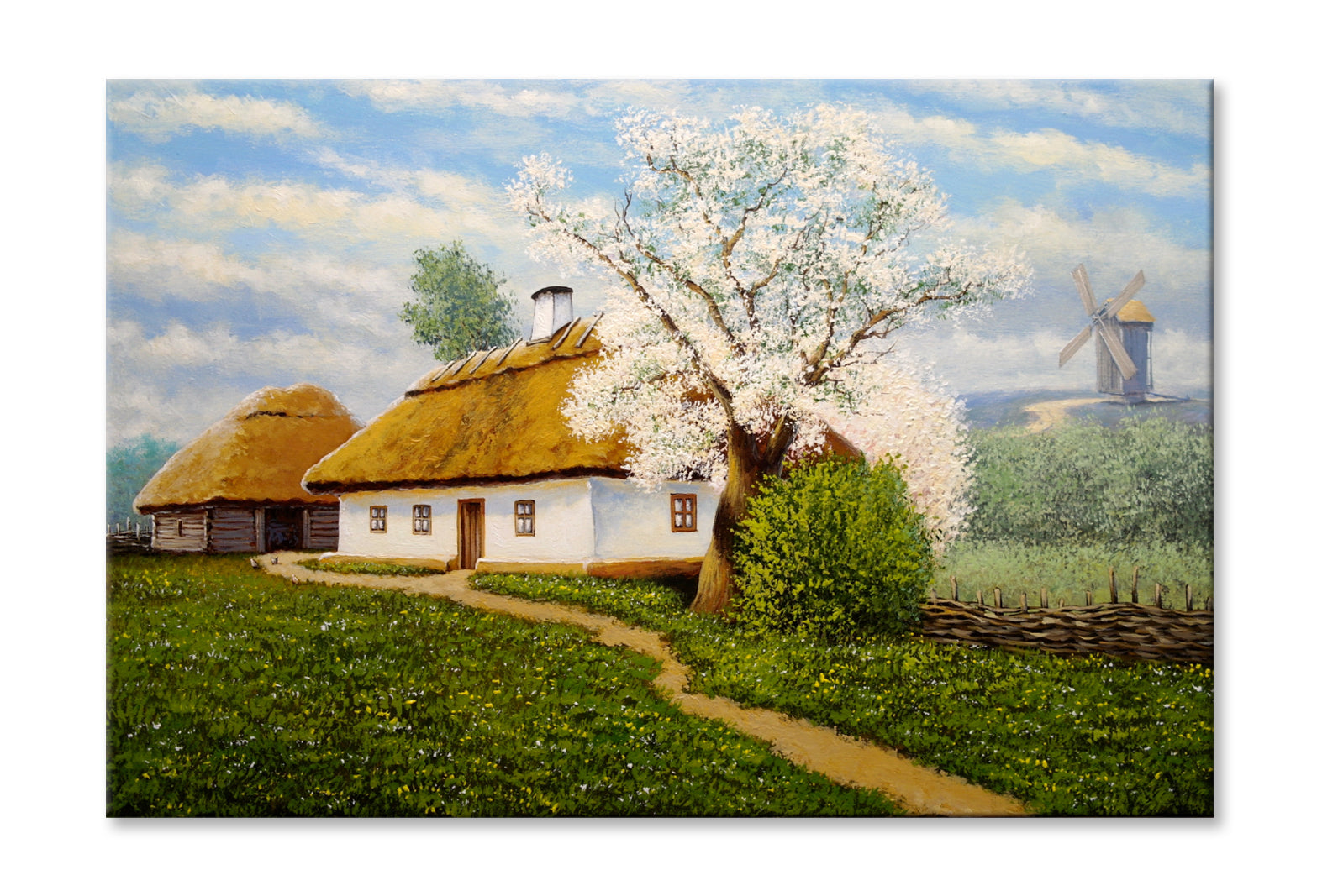 Spring Tree near Old Village Houses Oil Painting Wall Art Limited Edition High Quality Print Stretched Canvas None