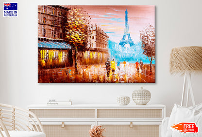 People Walking in Street of Paris & Trees Oil Painting Wall Art Limited Edition High Quality Print