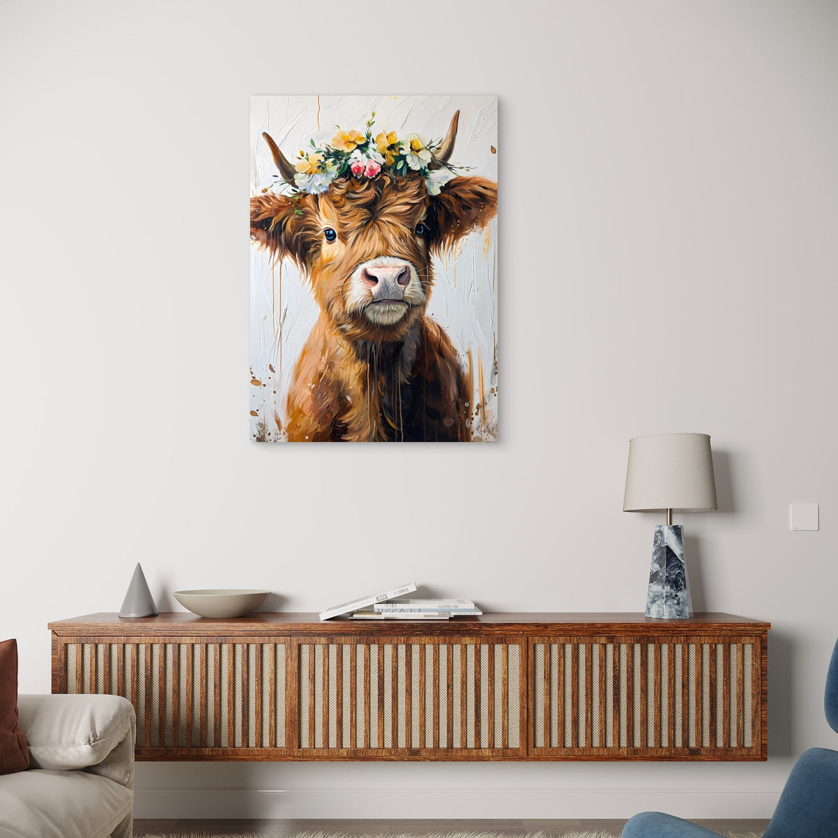 Cow with Flower Crown 60x90cm Metal Print Ready to Hang