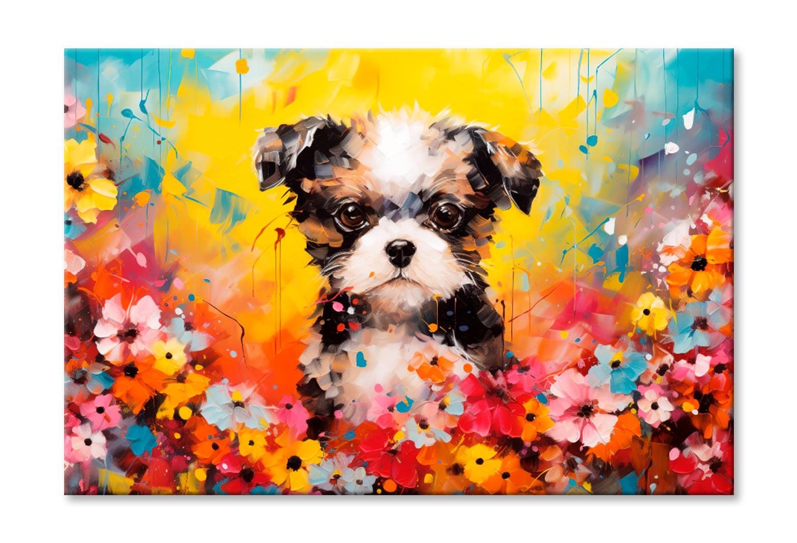 Dog In Flower Blossom Atmosphere Colorful Oil Painting Wall Art Limited Edition High Quality Print Stretched Canvas None