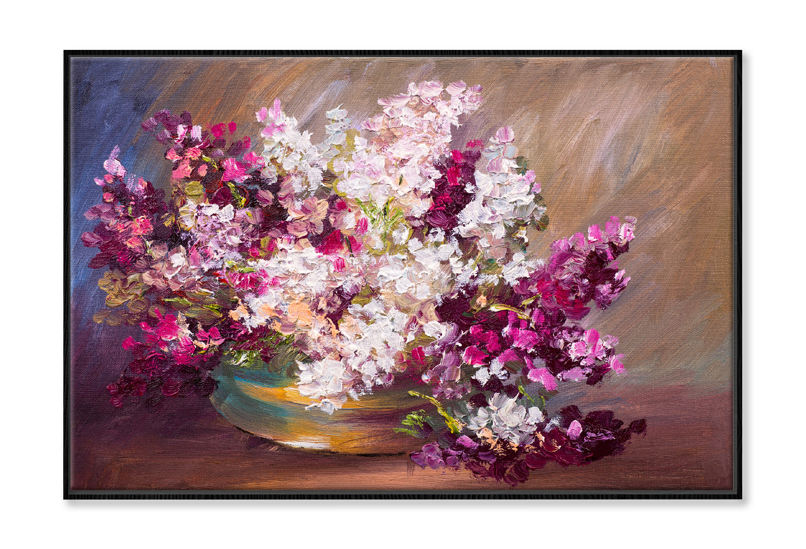 Bouquet Of Lilac Flower Vase, Colorful Still Life Oil Painting Limited Edition High Quality Print Canvas Box Framed Black