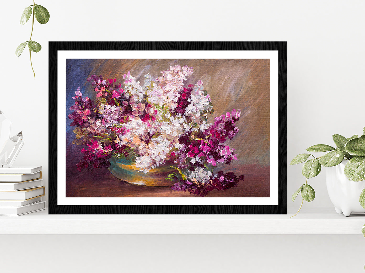 Bouquet Of Lilac Flower Vase, Colorful Still Life Glass Framed Wall Art, Ready to Hang Quality Print With White Border Black