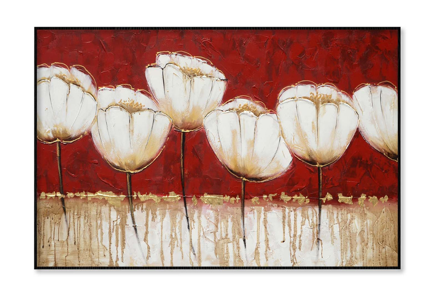 White Flowers, Red Texture Oil Paint Wall Art Limited Edition High Quality Print