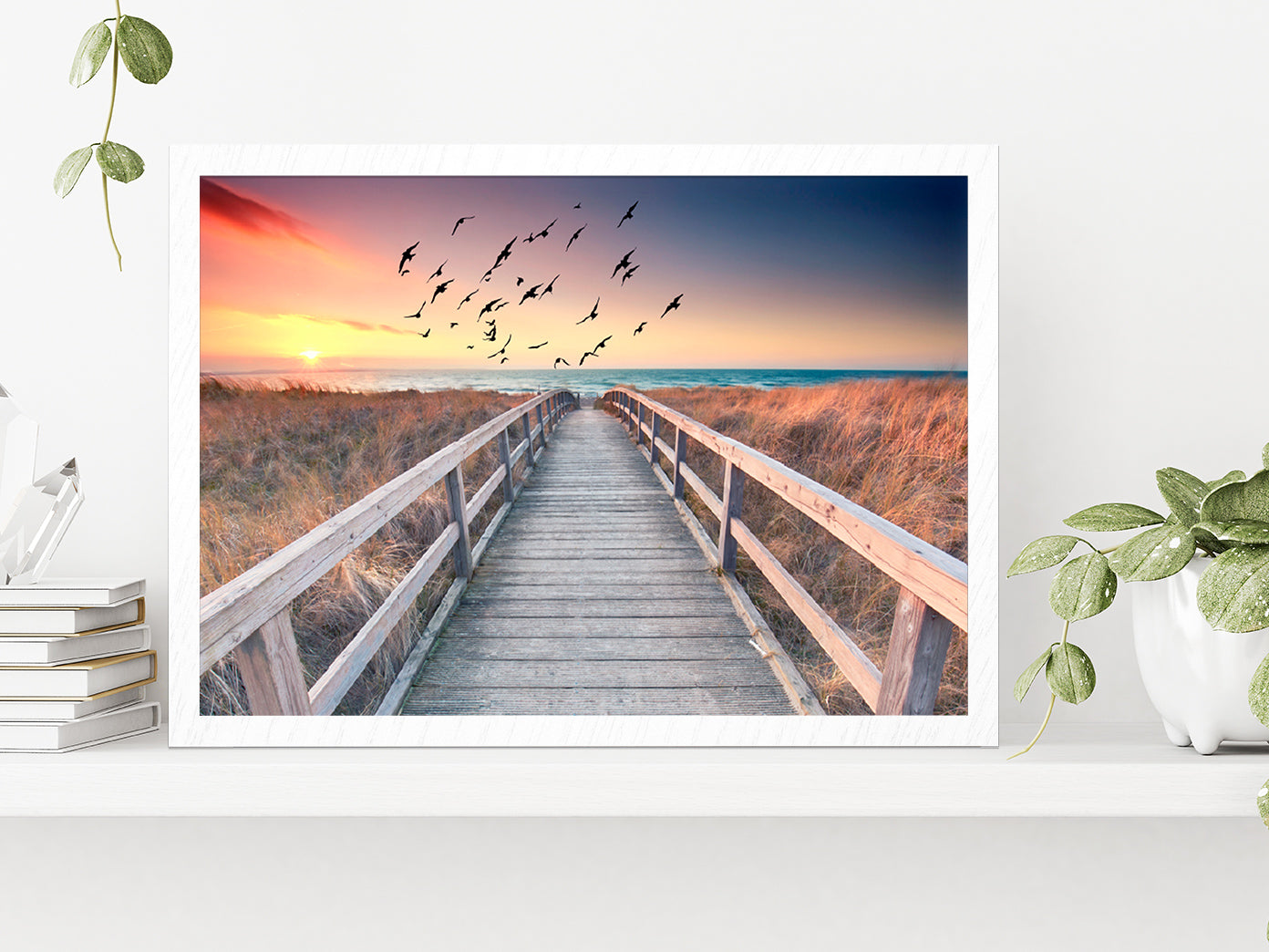 Sunset At Wooden Beach Way Glass Framed Wall Art, Ready to Hang Quality Print Without White Border White