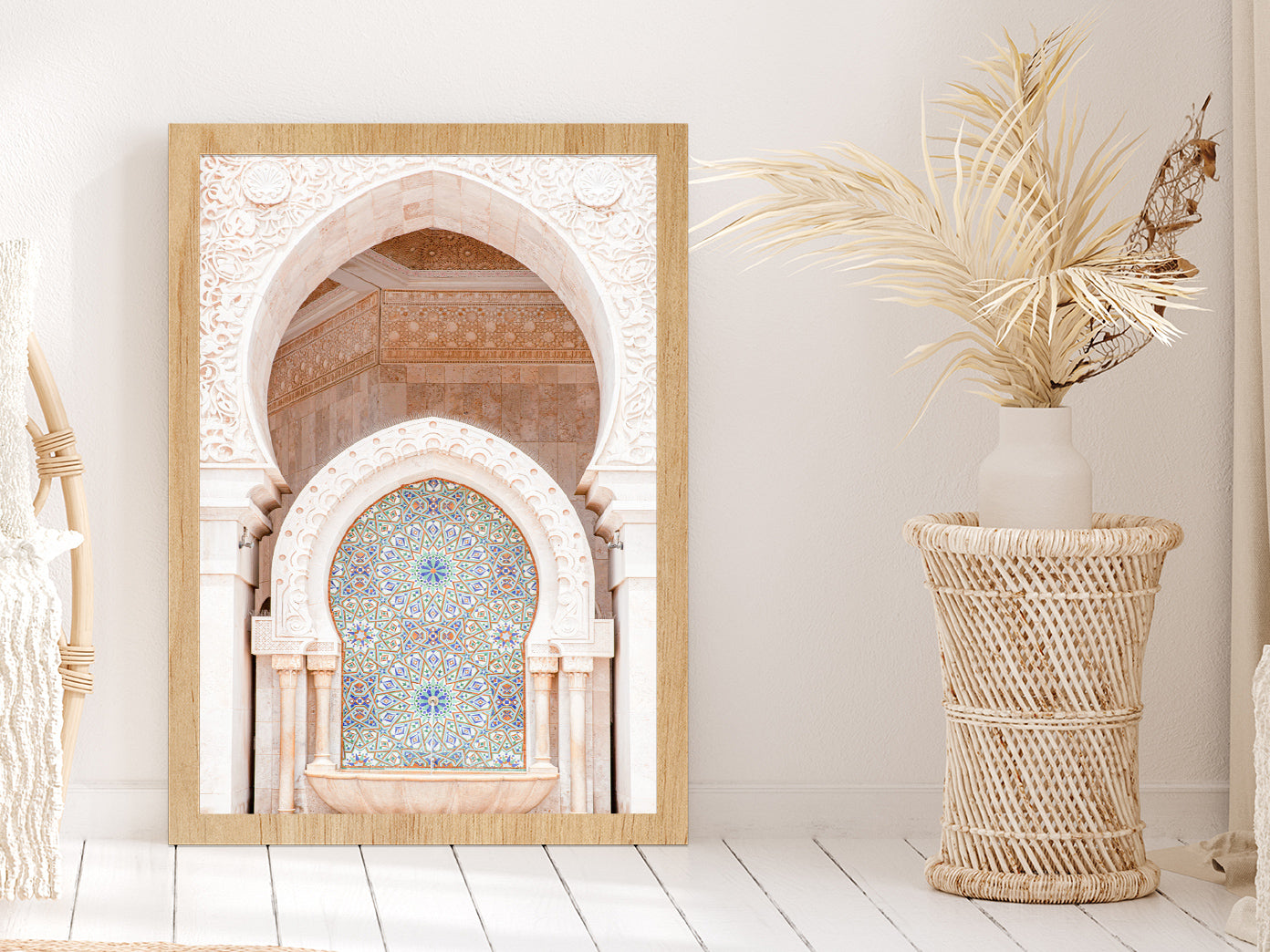 Mosque of Hassan Morocco Photograph Glass Framed Wall Art, Ready to Hang Quality Print Without White Border Oak