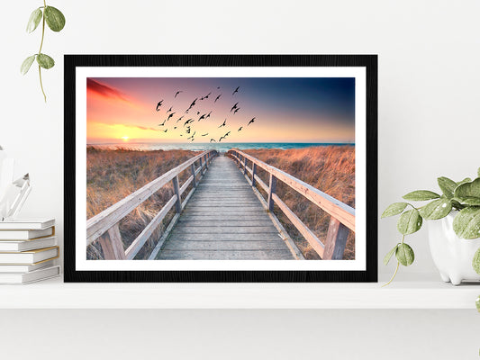 Sunset At Wooden Beach Way Glass Framed Wall Art, Ready to Hang Quality Print With White Border Black