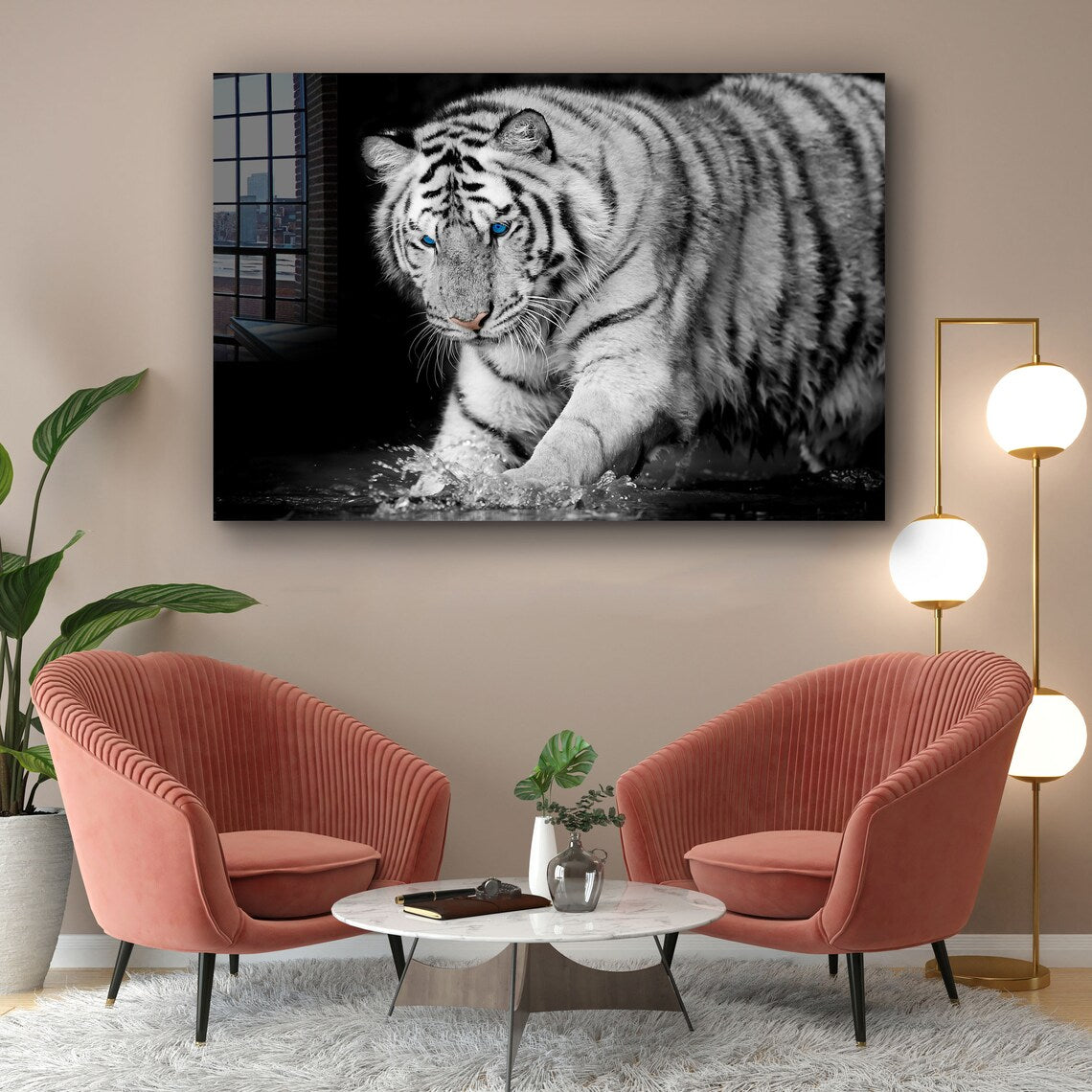 Tiger on Water B&W View UV Direct Aluminum Print Australian Made Quality