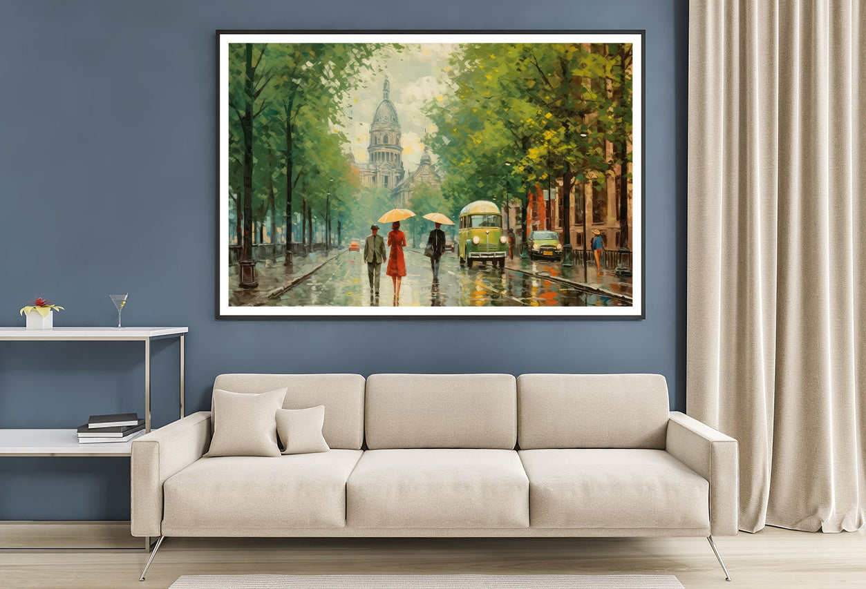 Painting Of People Walking Holding Umbrellas in the Rain in a City Home Decor Premium Quality Poster Print Choose Your Sizes