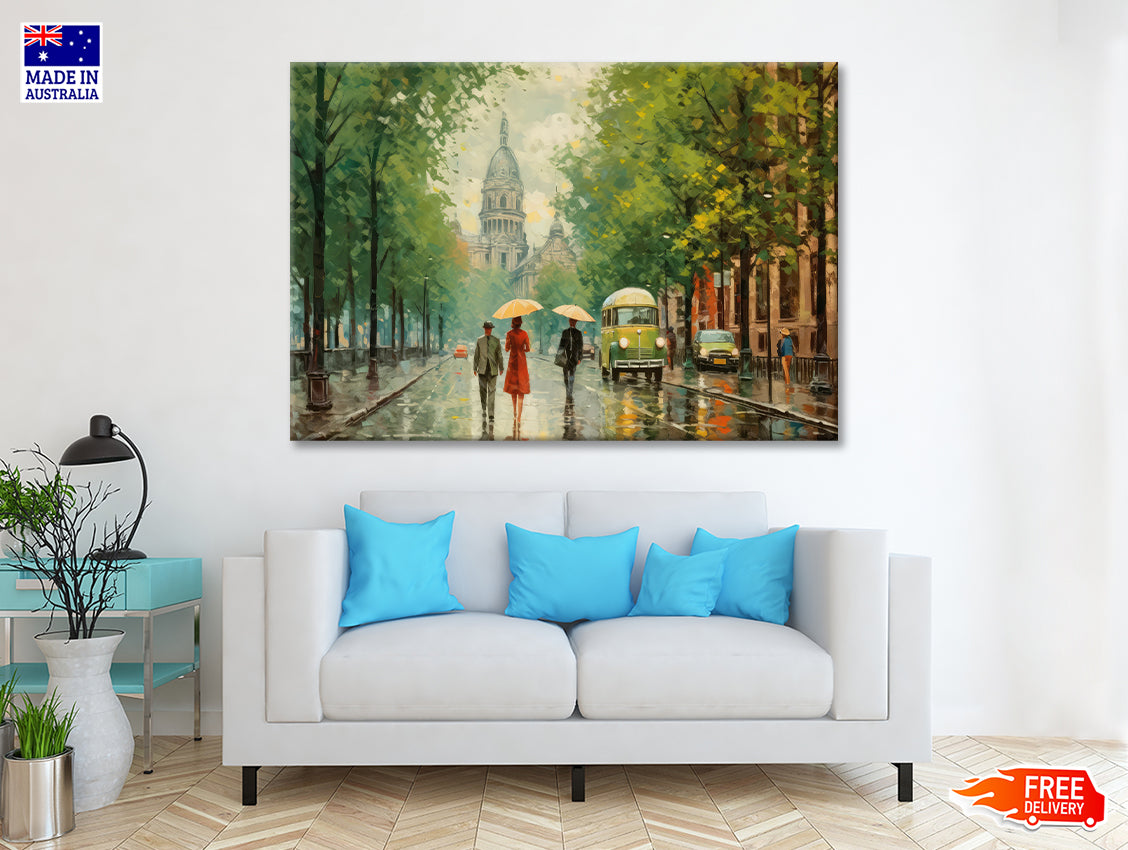 Painting Of People Walking Holding Umbrellas in the Rain in a City Print 100% Australian Made
