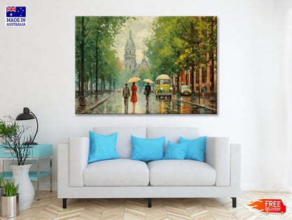 Painting Of People Walking Holding Umbrellas in the Rain in a City Print 100% Australian Made