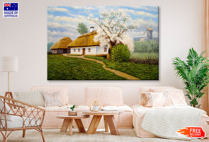 Spring Tree near Old Village Houses Oil Painting Wall Art Limited Edition High Quality Print