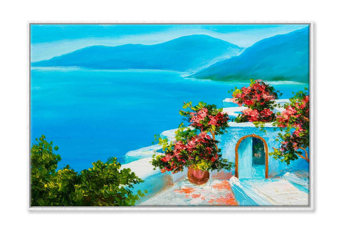 House Near The Sea, Flowers Oil Painting Limited Edition High Quality Print Canvas Box Framed White