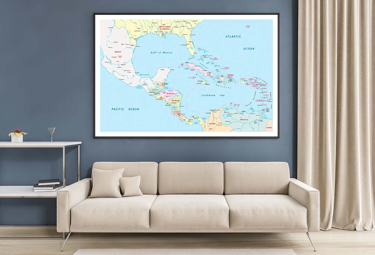 America Central, Antilles Map Home Decor Premium Quality Poster Print Choose Your Sizes