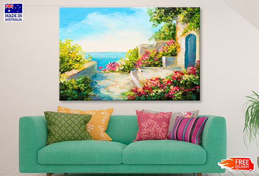 Colorful Flowers In House Garden & Near The Sea Oil Painting Wall Art Limited Edition High Quality Print