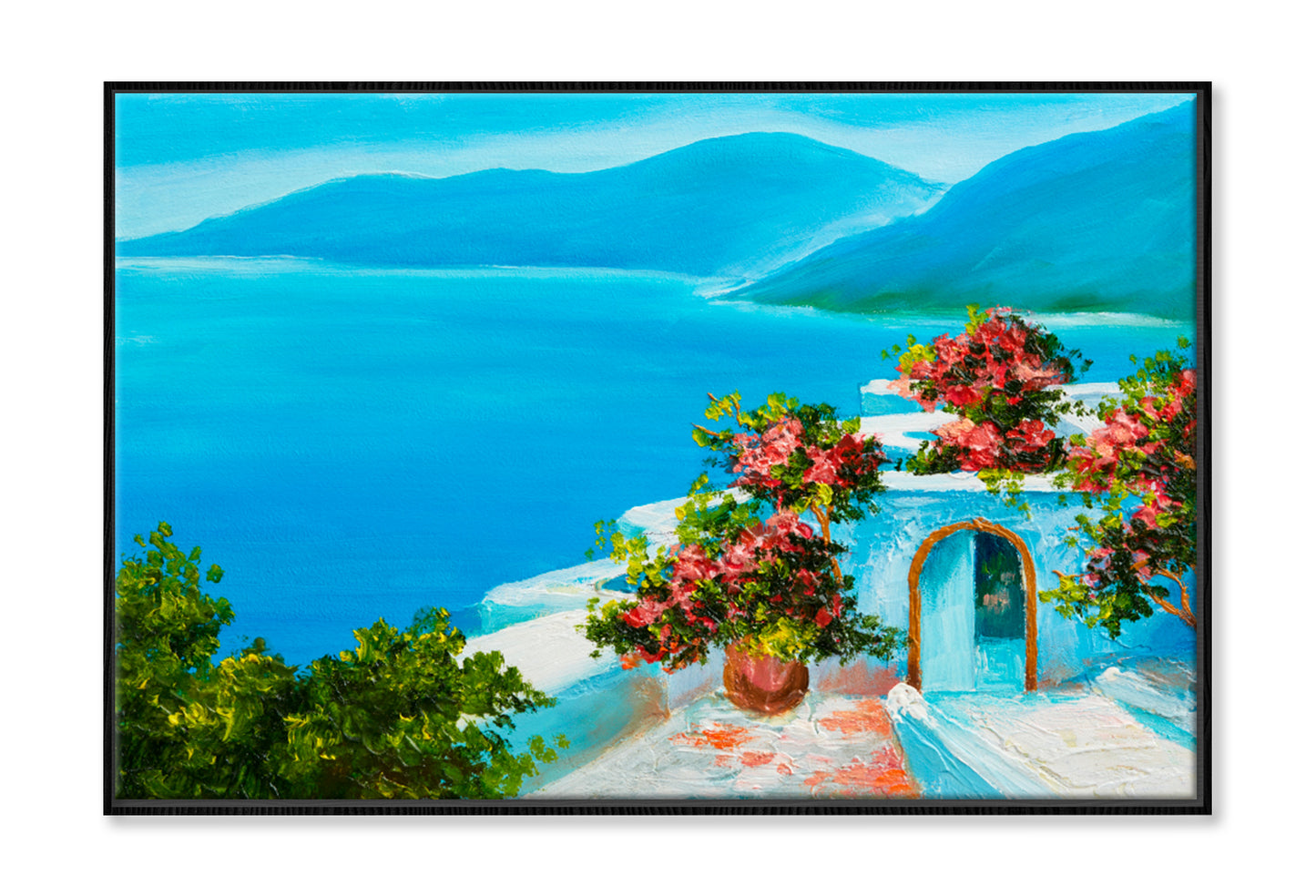 House Near The Sea, Flowers Oil Painting Limited Edition High Quality Print Canvas Box Framed Black