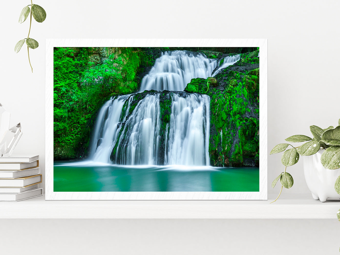 Waterfall With Green Pond Glass Framed Wall Art, Ready to Hang Quality Print Without White Border White