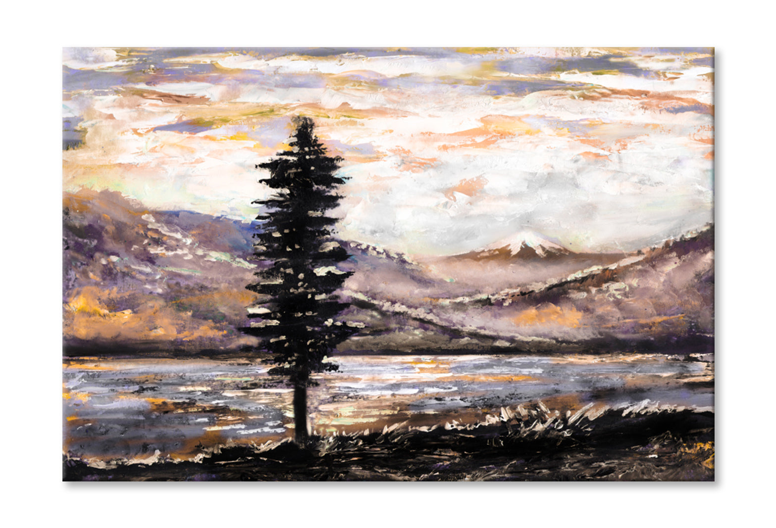 Mountain, Lake, Fog, Tree Oil Painting Wall Art Limited Edition High Quality Print Stretched Canvas None