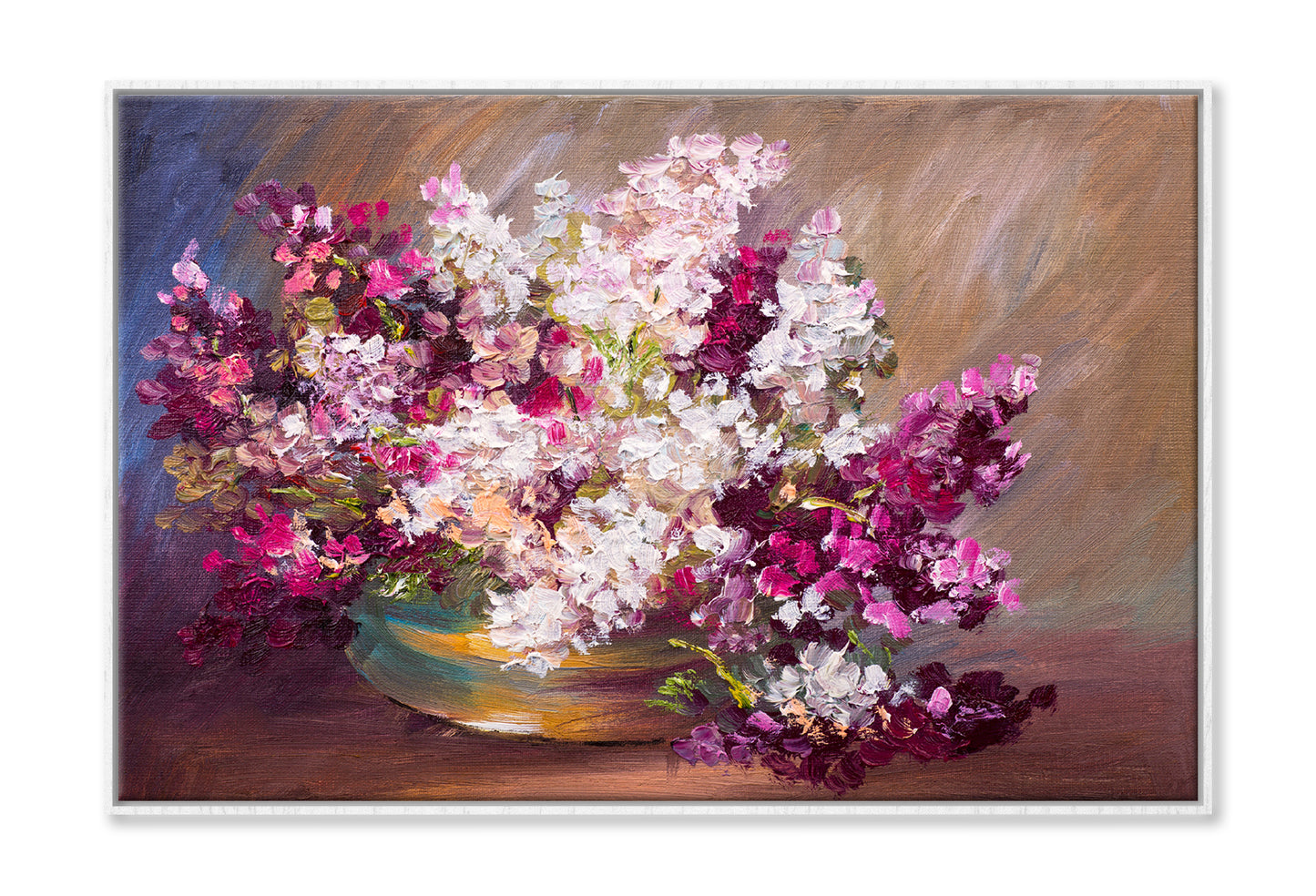 Bouquet Of Lilac Flower Vase, Colorful Still Life Oil Painting Limited Edition High Quality Print Canvas Box Framed White