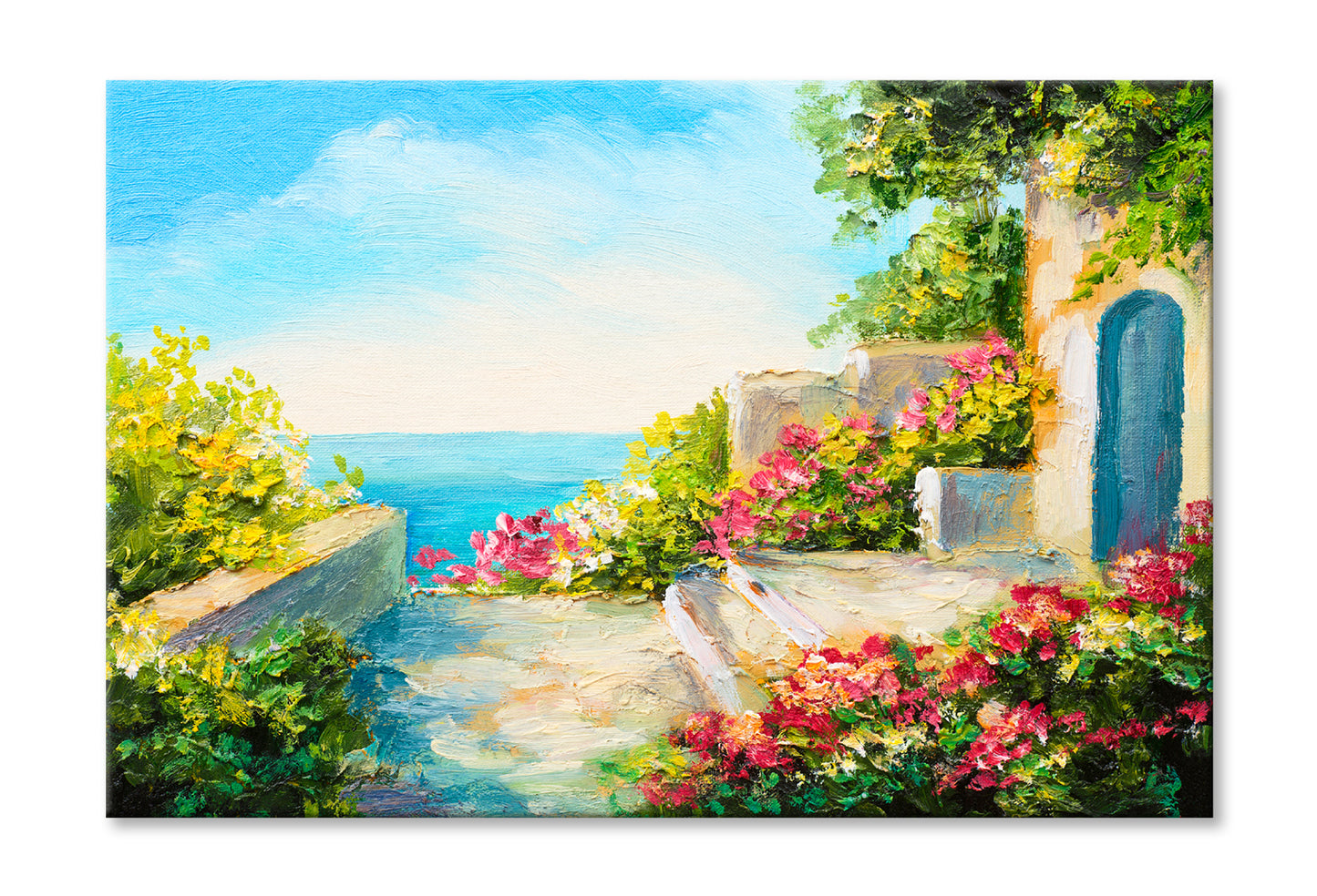 Colorful Flowers In House Garden & Near The Sea Oil Painting Wall Art Limited Edition High Quality Print Stretched Canvas None