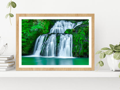 Waterfall With Green Pond Glass Framed Wall Art, Ready to Hang Quality Print With White Border Oak