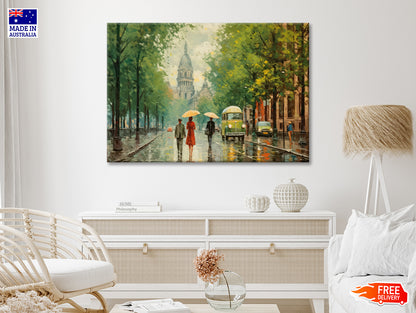 Painting Of People Walking Holding Umbrellas in the Rain in a City Print 100% Australian Made