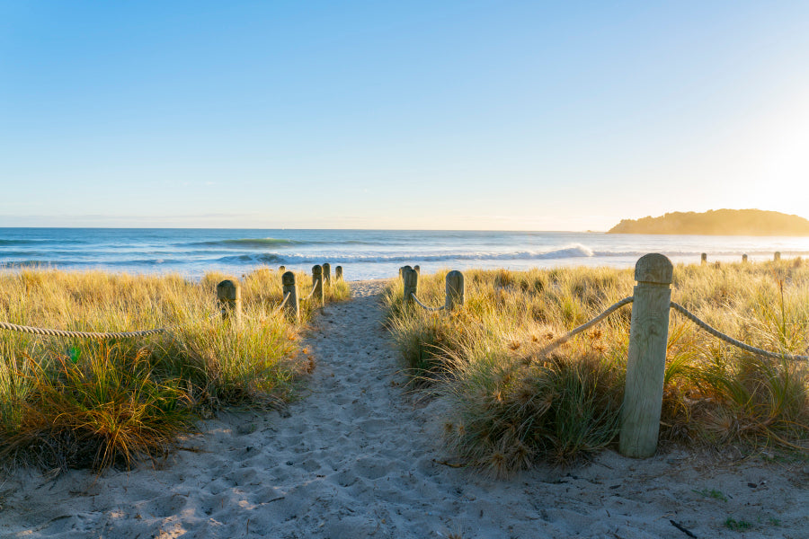 Bollards And Grassy Dunes Leading to Beach Acrylic Glass Print Tempered Glass Wall Art 100% Made in Australia Ready to Hang