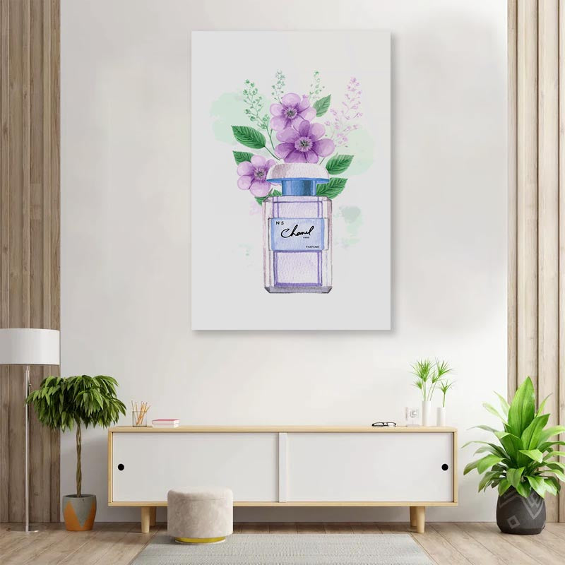 Purple Perfume with Green Leaves 3D Design Acrylic Glass Print Tempered Glass Wall Art 100% Made in Australia Ready to Hang