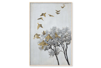 Neutral Art Gold Birds, Tree Trunks Wall Art Limited Edition High Quality Print